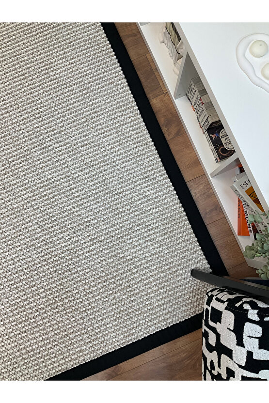 Macro Kumaş Bordür Bej Bukle Siyah Bordür Halı Salon Koridor Mutfak Halısı Kilim S263