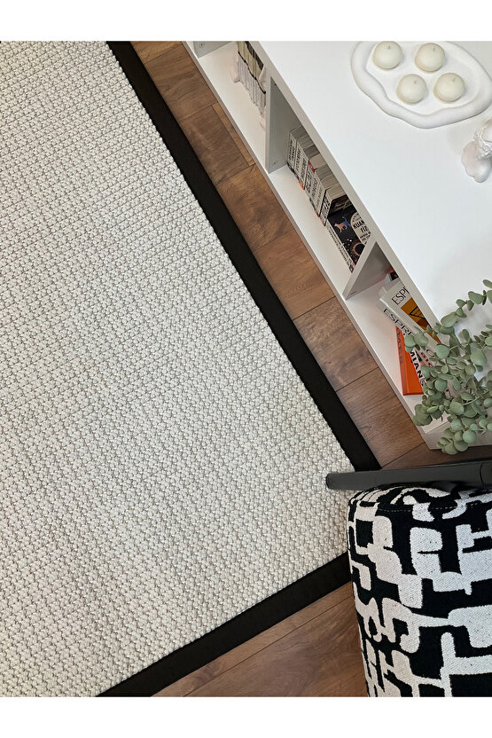 Kumaş Bordür Beyaz Bukle Koyu Kahve Bordür  Halı Salon Koridor Mutfak Çocuk Odası Halısı  Kilim S261