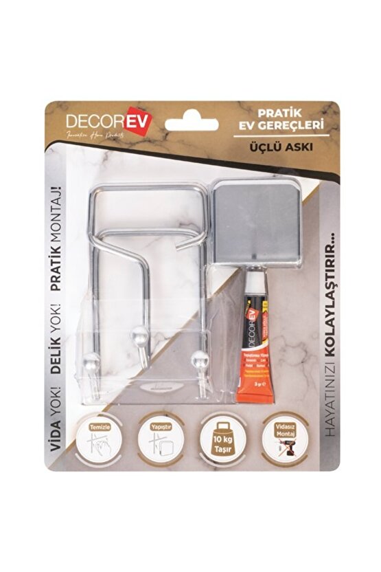 Decorev Süper Yapışkanlı Metal Yapıştırıcılı Krom Üçlü Askı Dc-4773