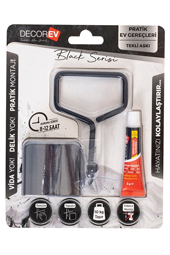 Dekoratif Yapıştırmalı Banyo- Mutfak Metal Tekli Kancalı Askı Siyah Pratik Vidasız Montaj Dc-5052
