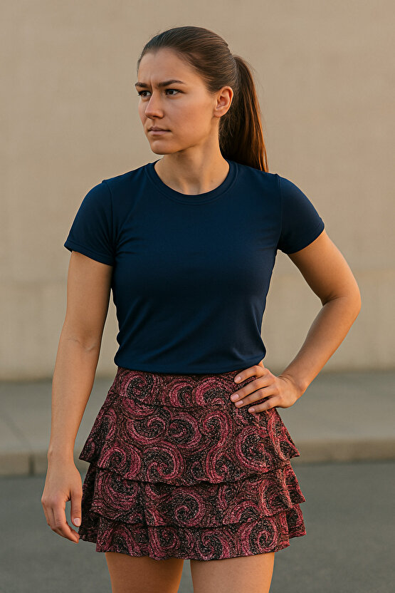 Kadın Bisiklet Yaka Likralı Kısa Kol Body Crop T-Shirt siyah ekru k.lacivert