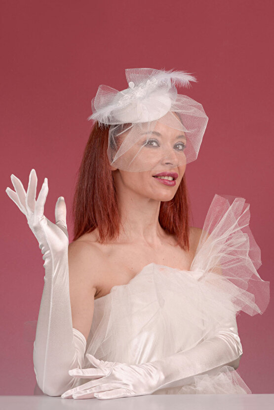 Kırık Beyaz Dantelli Gelin Kepi Nikah Şapkası Ve Saten Uzun Gelin Eldiveni  Kombin Set