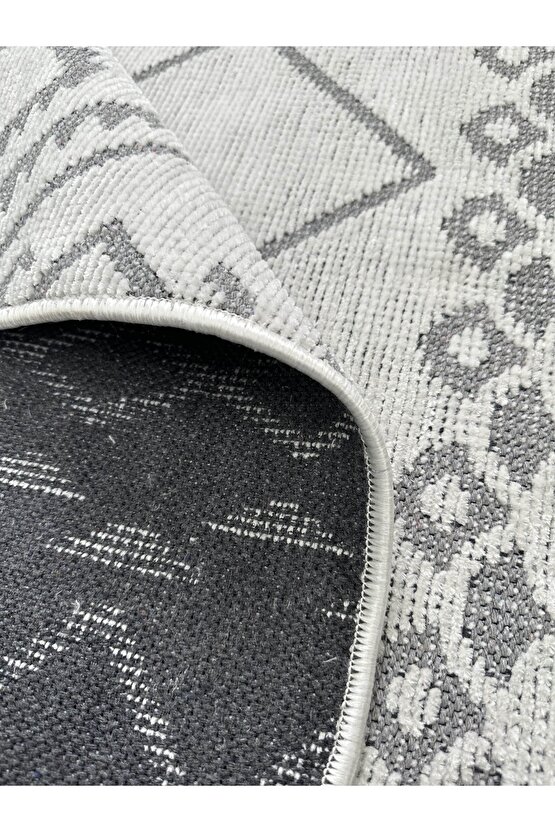 Modern İskandinav Desenli Yıkanabilir Kaymaz Dokuma Taban Şönil Halı Açık Gri