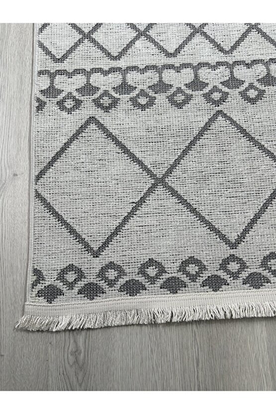 Modern İskandinav Desenli Yıkanabilir Kaymaz Dokuma Taban Şönil Halı Açık Gri