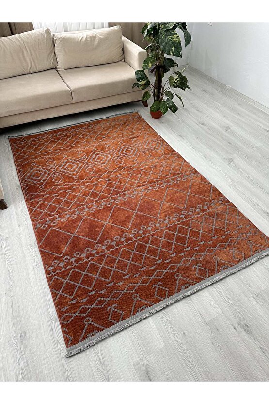 Modern İskandinav Desenli Yıkanabilir Kaymaz Dokuma Taban Şönil Halı Kiremit