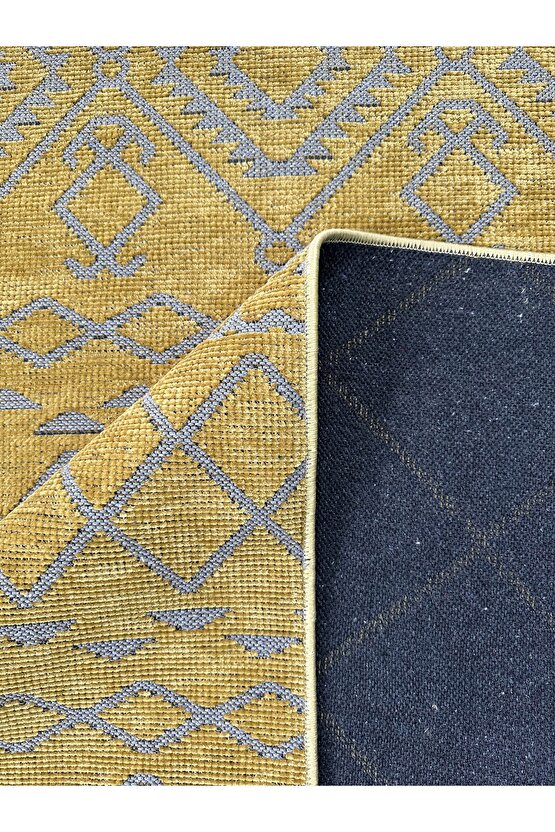 Modern İskandinav Desenli Yıkanabilir Kaymaz Dokuma Taban Şönil Halı Hardal