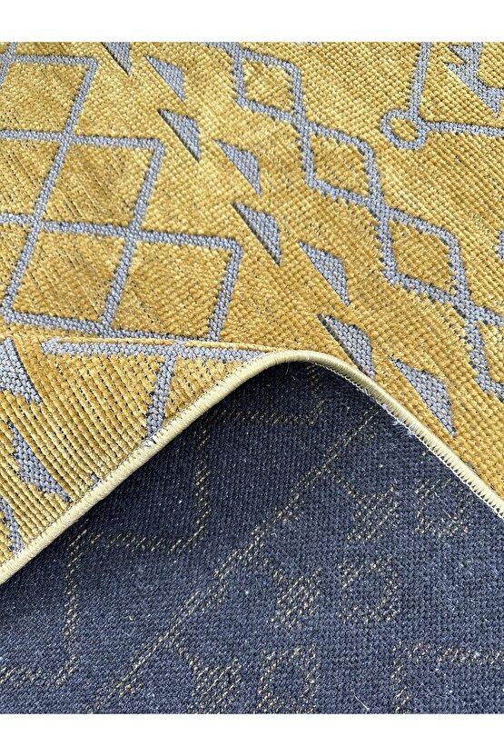 Modern İskandinav Desenli Yıkanabilir Kaymaz Dokuma Taban Şönil Halı Hardal