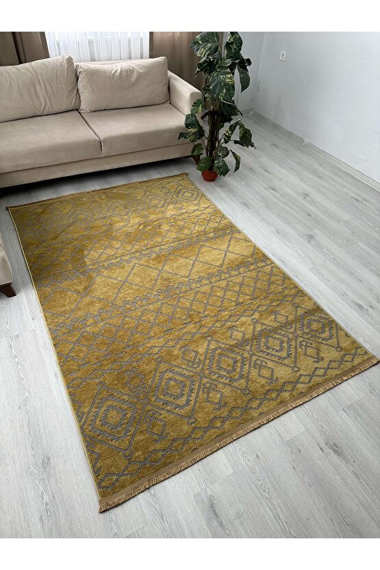 Modern İskandinav Desenli Yıkanabilir Kaymaz Dokuma Taban Şönil Halı Hardal