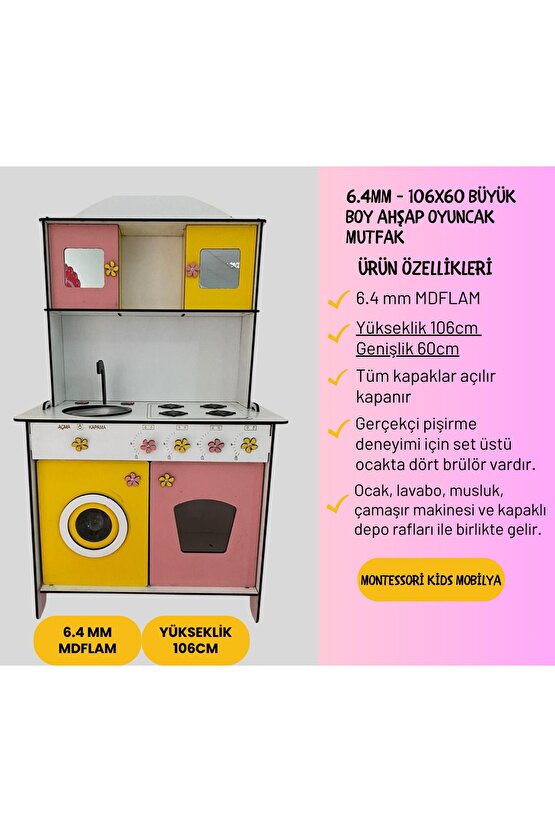 Büyük Boy Ahşap Oyuncak Mutfak Seti,eğitici Montessori Mutfak Oyuncak Seti Çamaşır Makinalı-sarı