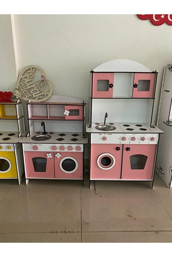 Büyük Boy Ahşap Oyuncak Mutfak Seti, 6.4mm 106x60cm, Montessori Mutfak, Çamaşır Makinalı