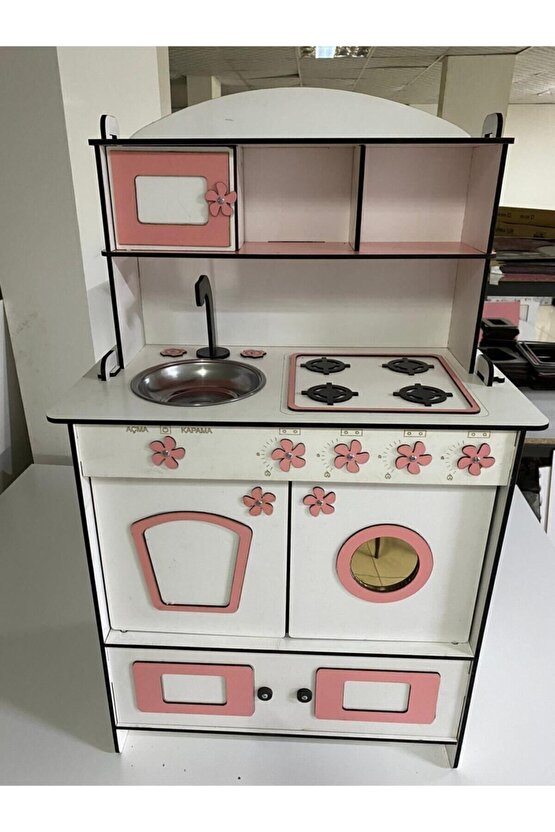 Dekoratif Doğal Ahşap Eğitici Kız Çocuk Mutfak Dolabı Seti Pembe-beyaz 91x59