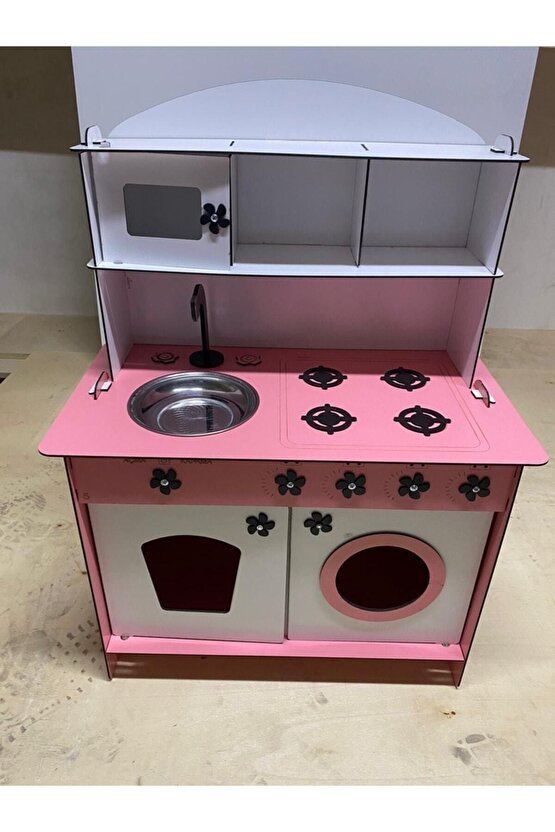 Montessori Eğitici Ahşap Oyuncak Mutfak Dolabı Pembe Beyaz 3mm