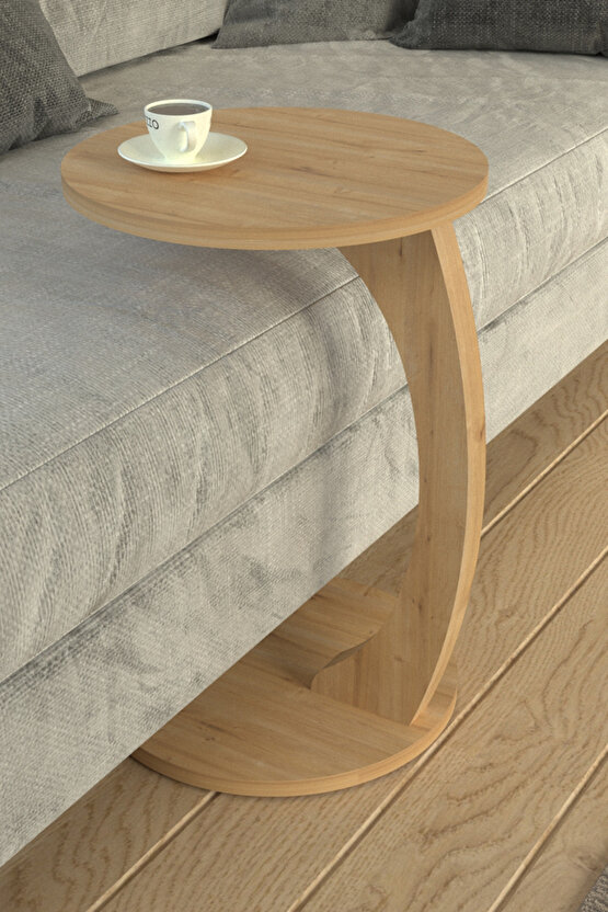 C Ayaklı Yan Sehpa Yuvarlak Koltuk Yanı Sehpası Laptop Kahve Kitap Sehpa Modeli Safir Meşe