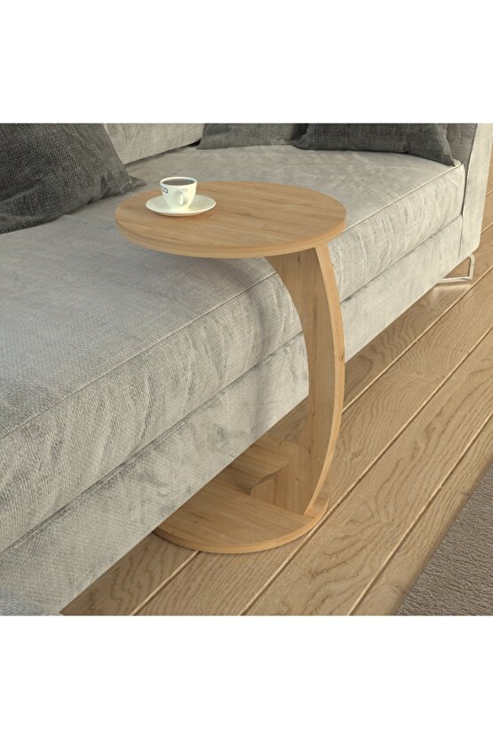 C Ayaklı Yan Sehpa Yuvarlak Koltuk Yanı Sehpası Laptop Kahve Kitap Sehpa Modeli Safir Meşe