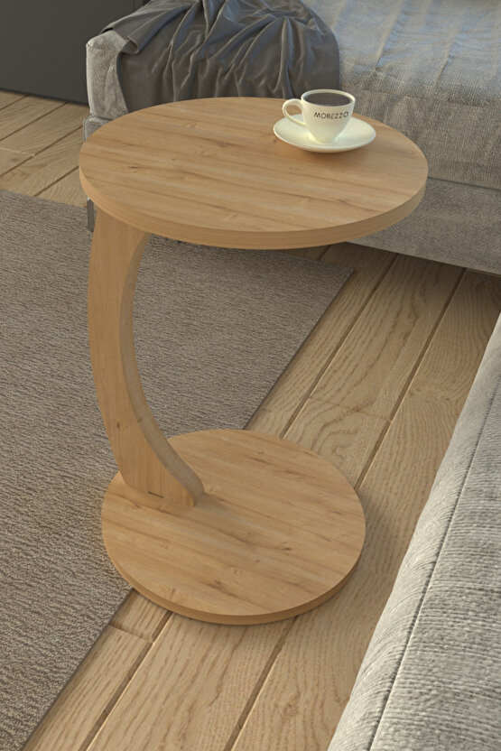 C Ayaklı Yan Sehpa Yuvarlak Koltuk Yanı Sehpası Laptop Kahve Kitap Sehpa Modeli Safir Meşe