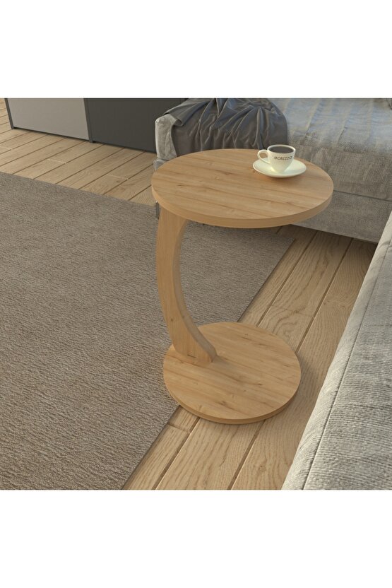 C Ayaklı Yan Sehpa Yuvarlak Koltuk Yanı Sehpası Laptop Kahve Kitap Sehpa Modeli Safir Meşe