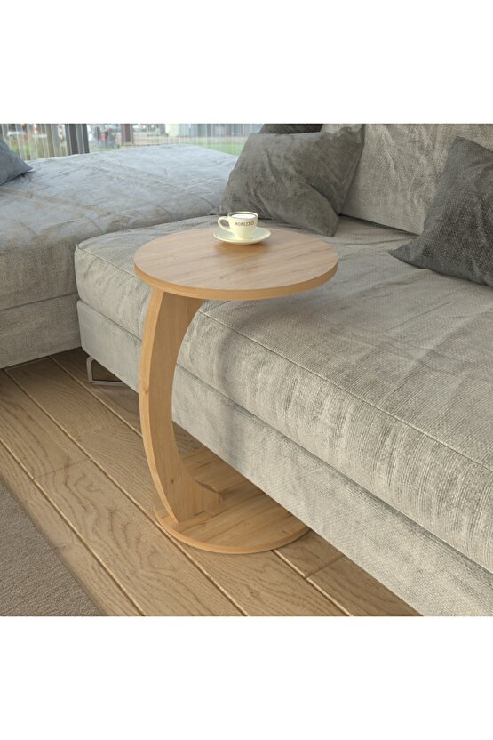 C Ayaklı Yan Sehpa Yuvarlak Koltuk Yanı Sehpası Laptop Kahve Kitap Sehpa Modeli Safir Meşe