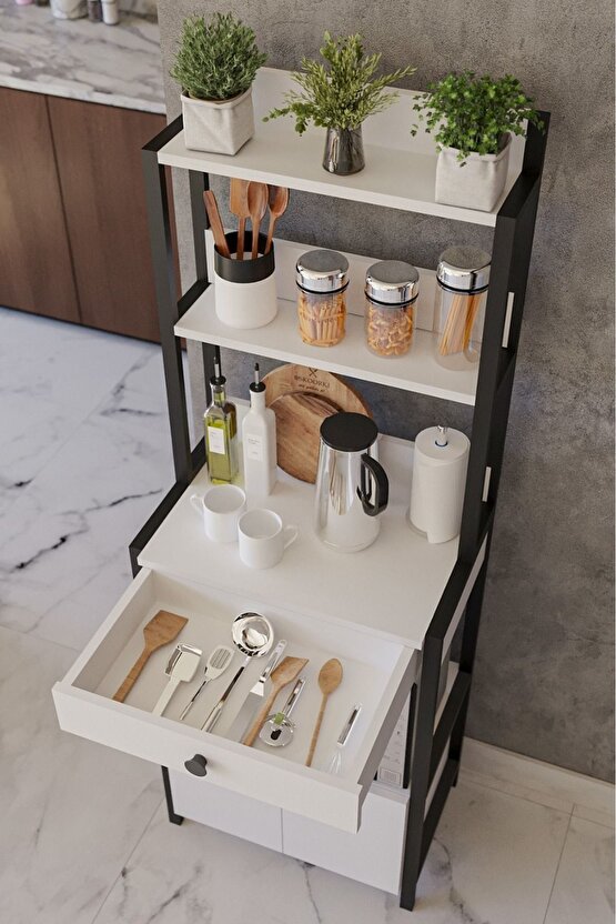 Çok Amaçlı Mutfak Dolabı Mikrodalga ve Mini Fırın Raflı Çekmeceli Metal Gövdeli Mutfak Düzenleyici