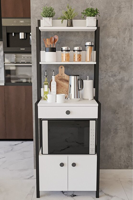 Çok Amaçlı Mutfak Dolabı Mikrodalga ve Mini Fırın Raflı Çekmeceli Metal Gövdeli Mutfak Düzenleyici