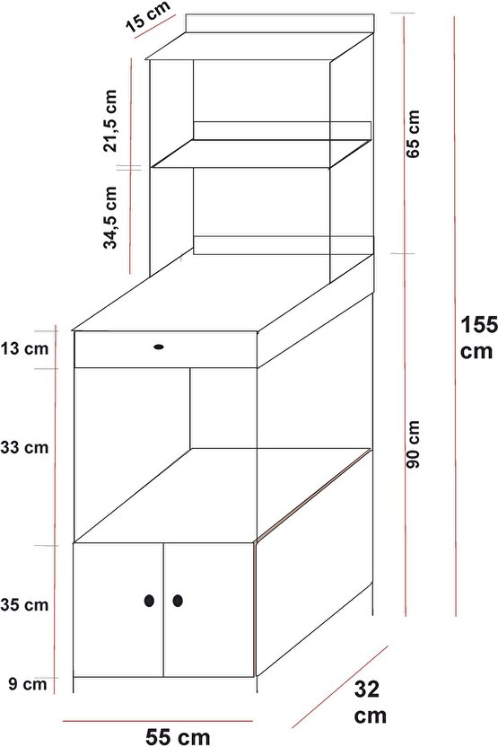 Çok Amaçlı Mutfak Dolabı Mikrodalga ve Mini Fırın Raflı Çekmeceli Metal Gövdeli Mutfak Düzenleyici