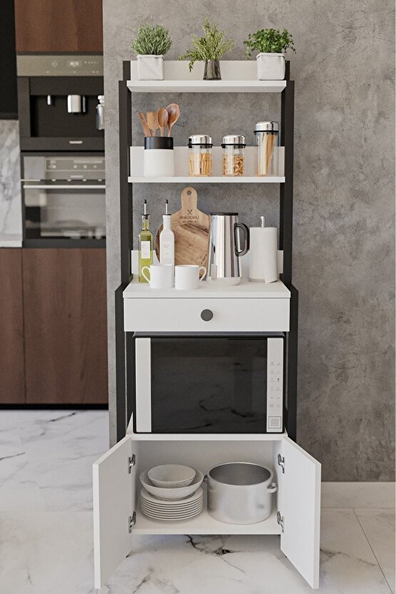 Çok Amaçlı Mutfak Dolabı Mikrodalga ve Mini Fırın Raflı Çekmeceli Metal Gövdeli Mutfak Düzenleyici