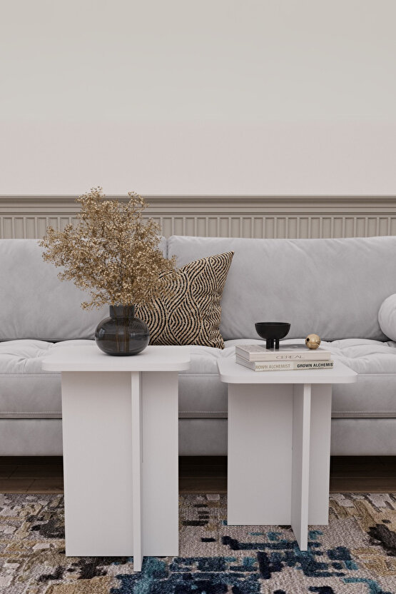 2li T Sehpa Seti | Ahşap Modern Koltuk Yanı Zigon Sehpa | Salon Ofis Dekoratif Orta Sehpa Seti