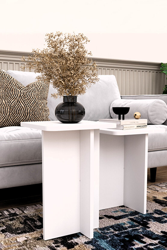 2li T Sehpa Seti | Ahşap Modern Koltuk Yanı Zigon Sehpa | Salon Ofis Dekoratif Orta Sehpa Seti