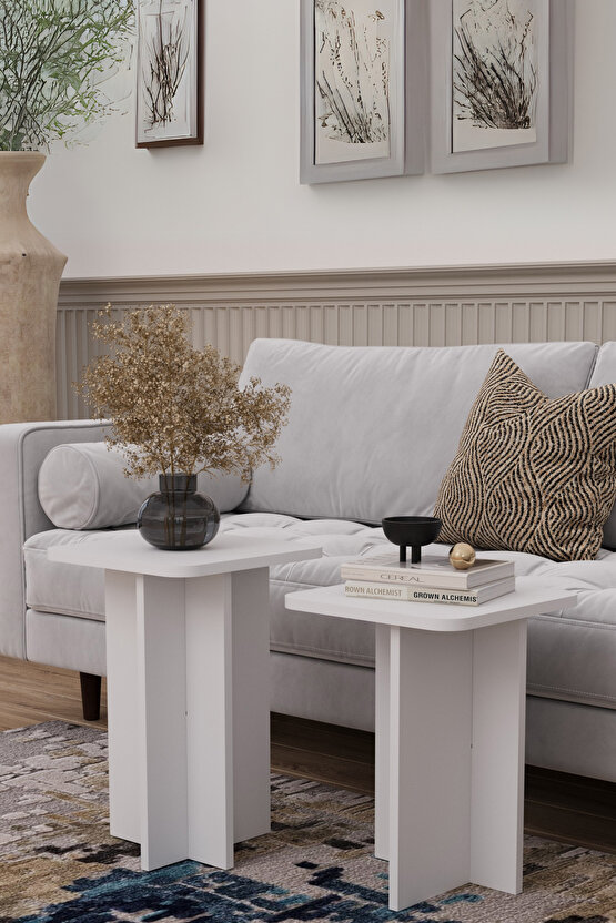 2li T Sehpa Seti | Ahşap Modern Koltuk Yanı Zigon Sehpa | Salon Ofis Dekoratif Orta Sehpa Seti