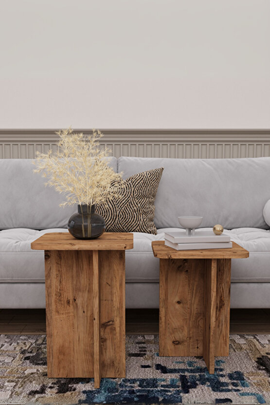 2li T Sehpa Seti | Ahşap Modern Koltuk Yanı Zigon Sehpa | Salon Ofis Dekoratif Orta Sehpa Seti