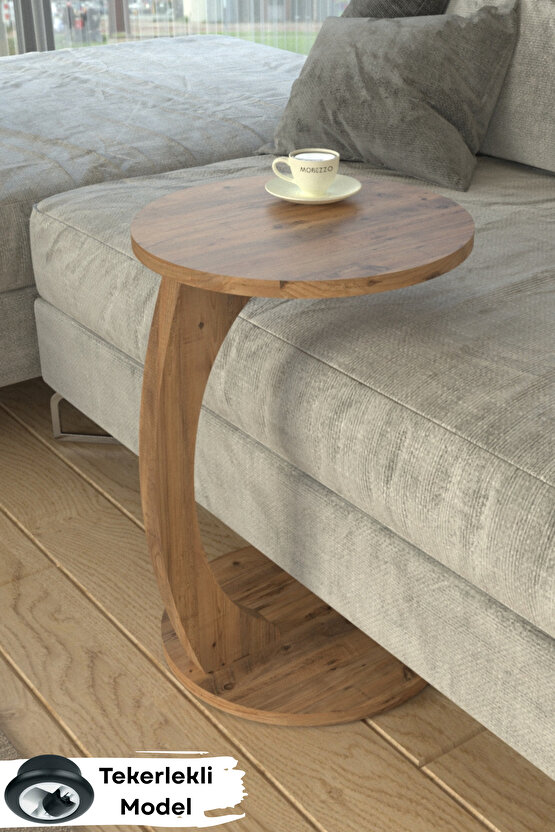 Tekerlekli Yuvarlak C Sehpa Koltuk Yanı Laptop Masası Modern Zigon Yan Sehpa Salon Ofis