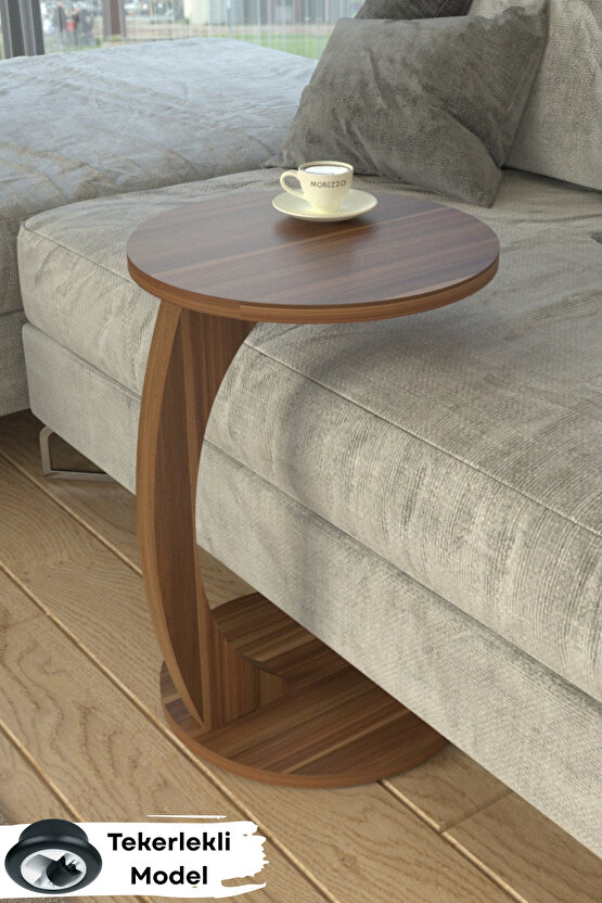 Tekerlekli Yuvarlak C Sehpa Koltuk Yanı Laptop Masası Modern Zigon Yan Sehpa Salon Ofis