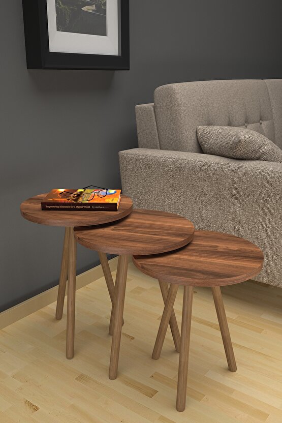 3’lü Yuvarlak Zigon Sehpa Takımı – Ahşap Ayaklı, Modern Tarz, Kahve Ve Sunum Sehpası