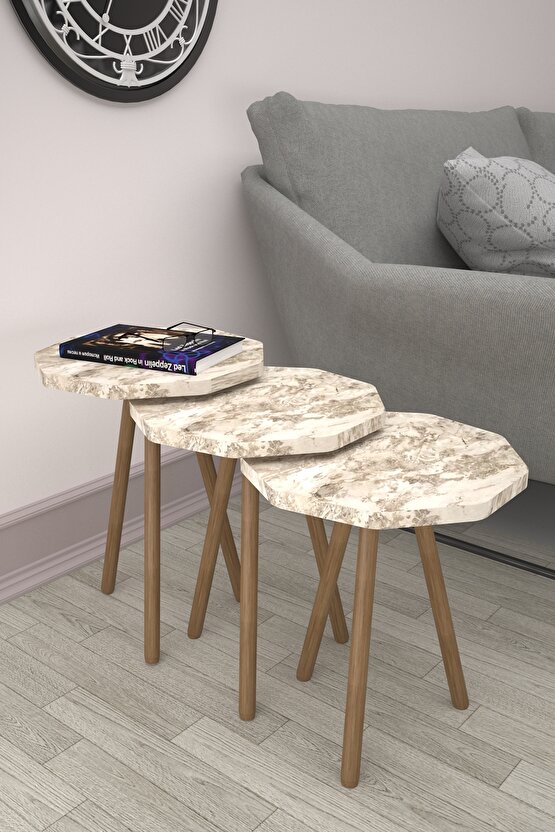 Ahşap Ayaklı Zigon Sehpa 3lü Beyaz Siyah Mermer Desenli Efes Çokgen