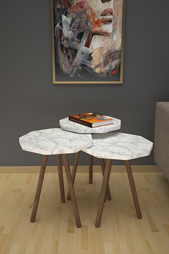 Ahşap Ayaklı Zigon Sehpa 3lü Beyaz Siyah Mermer Desenli Efes Çokgen