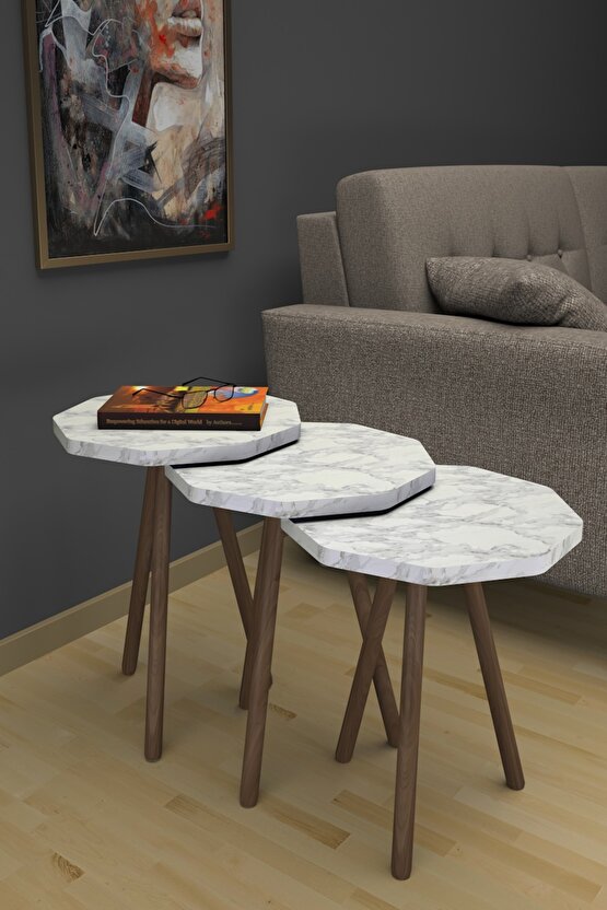 Ahşap Ayaklı Zigon Sehpa 3lü Beyaz Siyah Mermer Desenli Efes Çokgen