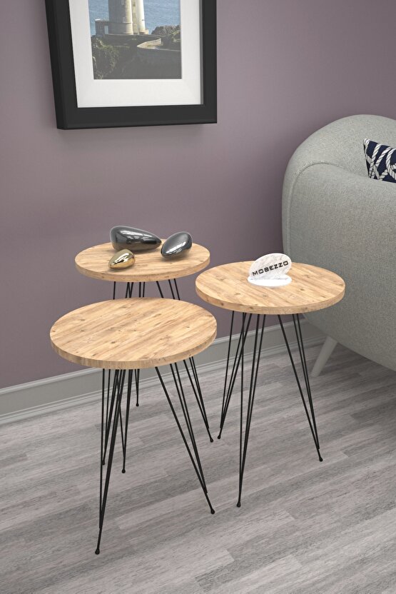 3’lü Zigon Sehpa Takımı | Siyah Metal Ayaklı Modern Yan Sehpa | Salon Dekoru Atlantik Çam