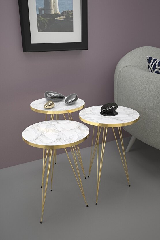 3lü Zigon Sehpa Gold Metal Ayak Efes Mermer