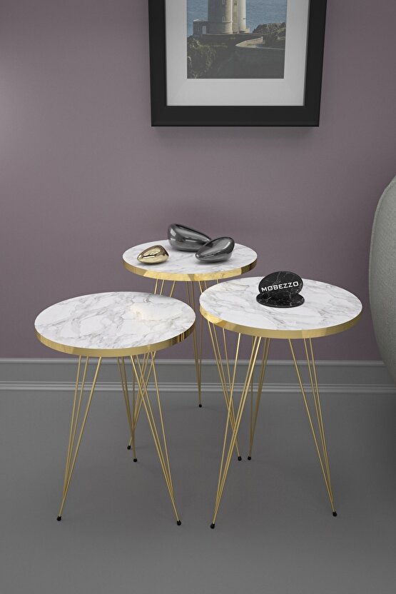 3lü Zigon Sehpa Gold Metal Ayak Efes Mermer