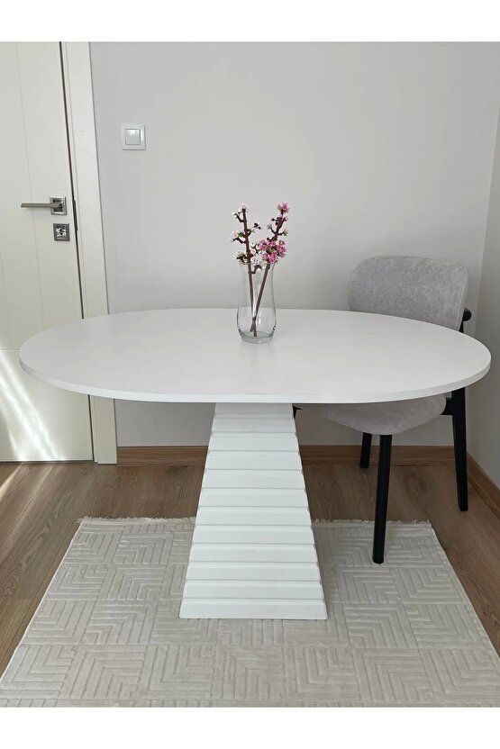 120x90 Cm Oval Beyaz Eksen Ahşap Yemek Masası - Fungi Serisi - Mutfak, Balkon, Kafe Masası