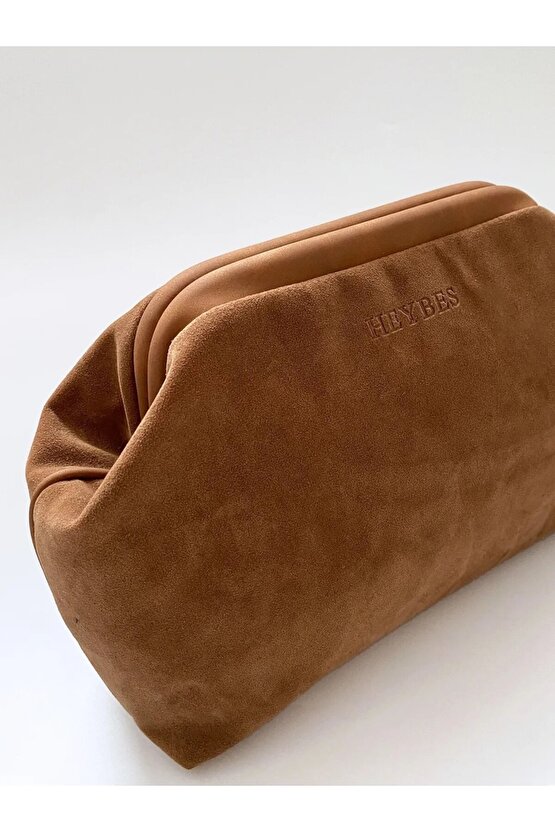 Heybes Kadın Taba Kahve Süet Clutch El Çantası