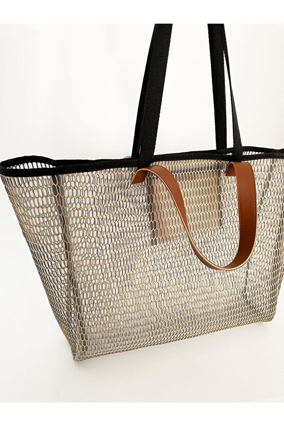 Kadın Bej Petek Desenli Şeffaf Büyük Boy Plaj Ve Alışveriş Shopper Tote Omuz Çantası