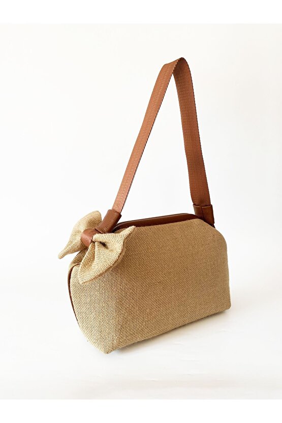 Kadın Kahverengi Biyeli Fiyonk Detaylı Çıkarılabilir Saplı Jüt Hasır Omuz ve El Çantası
