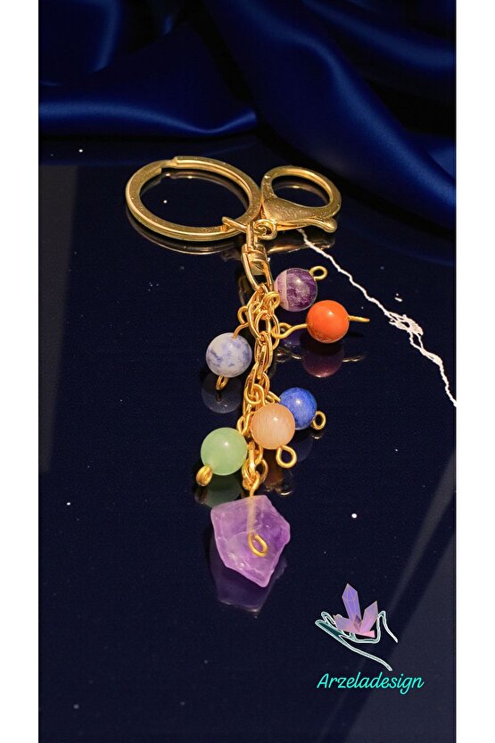 Doğal Taş Çakra Anahtarlik Çelik Zincir, Faset Kesim Taş 8mm Ametist Uçlu 15mm