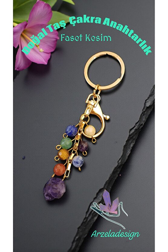 Doğal Taş Çakra Anahtarlik Çelik Zincir, Faset Kesim Taş 8mm Ametist Uçlu 15mm