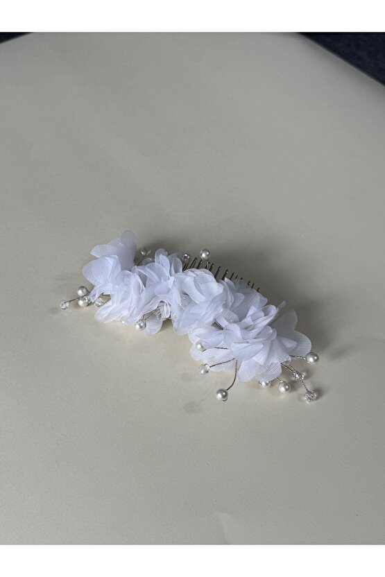 İnci Dokunuşlu Beyaz Çiçekli Gelin Nişan Lohusa Saç Tarak Tokası