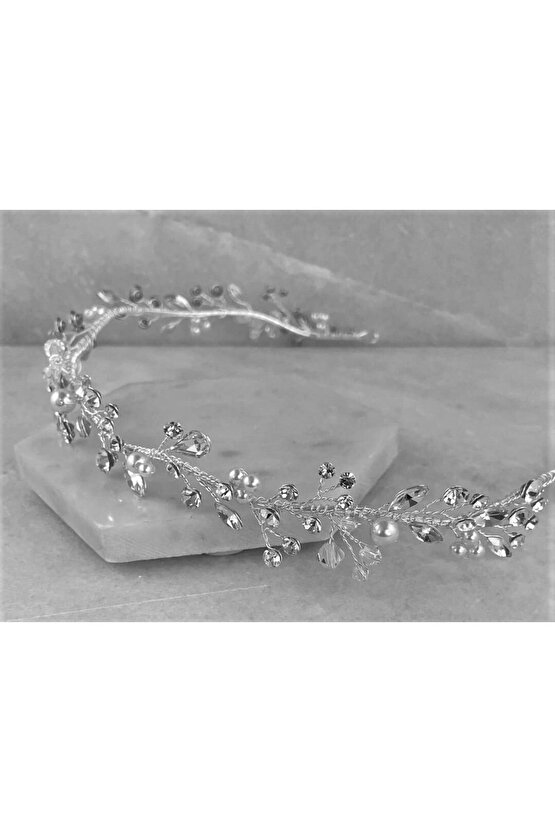 Beyaz Inci Detaylı, Kristal Taşlı Zarif Saç Aksesuarı Nişan, Nikah, Gelin Aksesuarı, Gelin Tacı