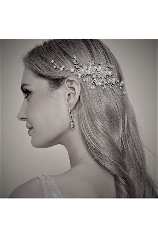 (G)ıncili, Kristal Taş Detaylı Zarif Saç Aksesuarı. Gümüş Renkli, Nişan, Nikah, Gelin Aksesuarı