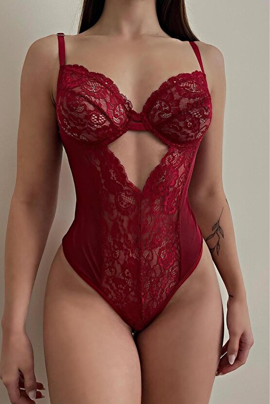 Bordo Dantelli Dekolteli Bodysuit