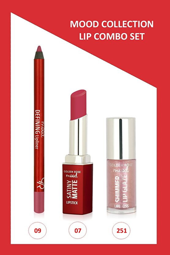 Mood Lip Combo Set - Defining Dudak Kalemi No:09 - Satiny Matte Ruj No:07 - Shimmer Dudak Parlatıcıs