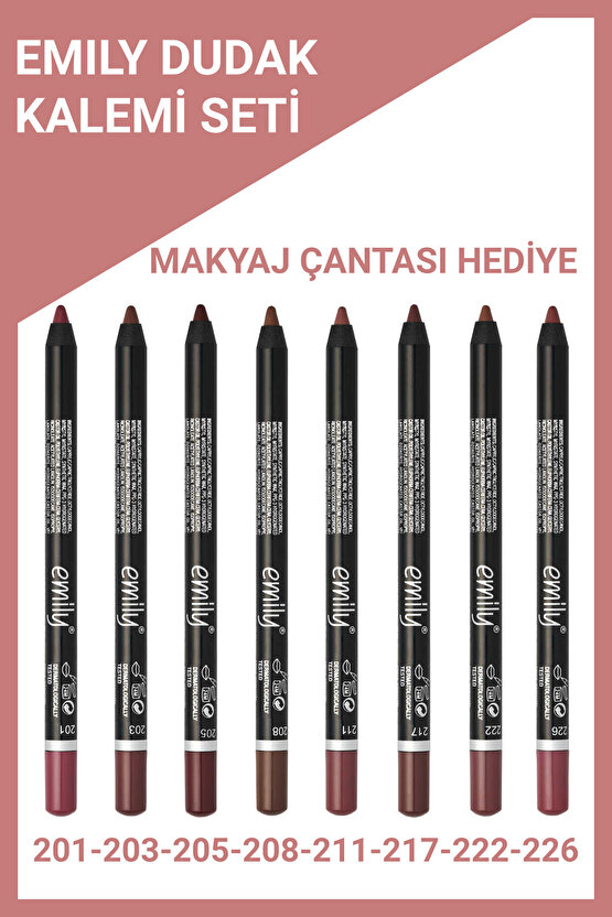 Emily Dudak Kalemi 8li Set No: 201-203-205-208-211-217-222-226 + Makyaj Çantası Hediye